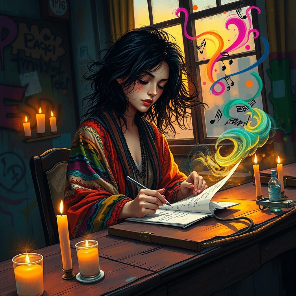 Vibrant Bohemian Muse in Creative Frenzy
