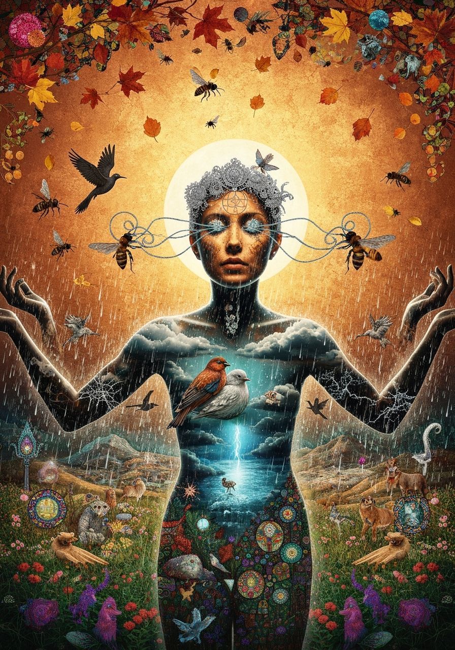 Mystical Shaman in Bioluminescent Oasis with Autumn Leaves