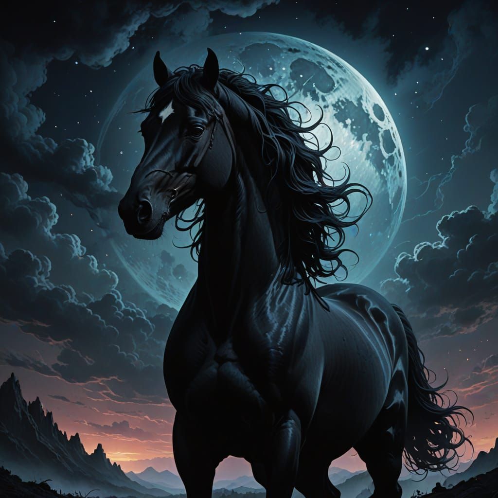 Ethereal Black Horse in Cosmic Twilight