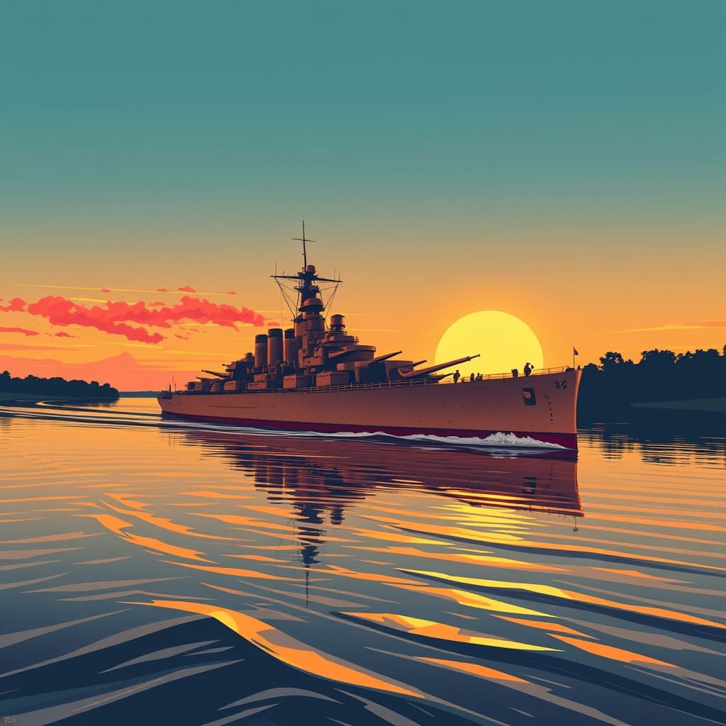 Vintage Battleship Cruises Along River at Sunset in Graphic ...