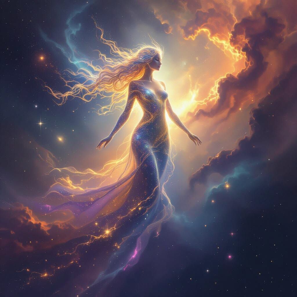 Ethereal Stardust Woman Emerges from Cosmic Nebula