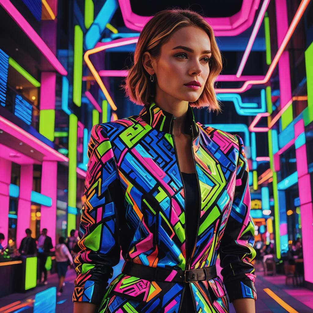 Abstract Woman in Neon Attire, Avant-Garde Style