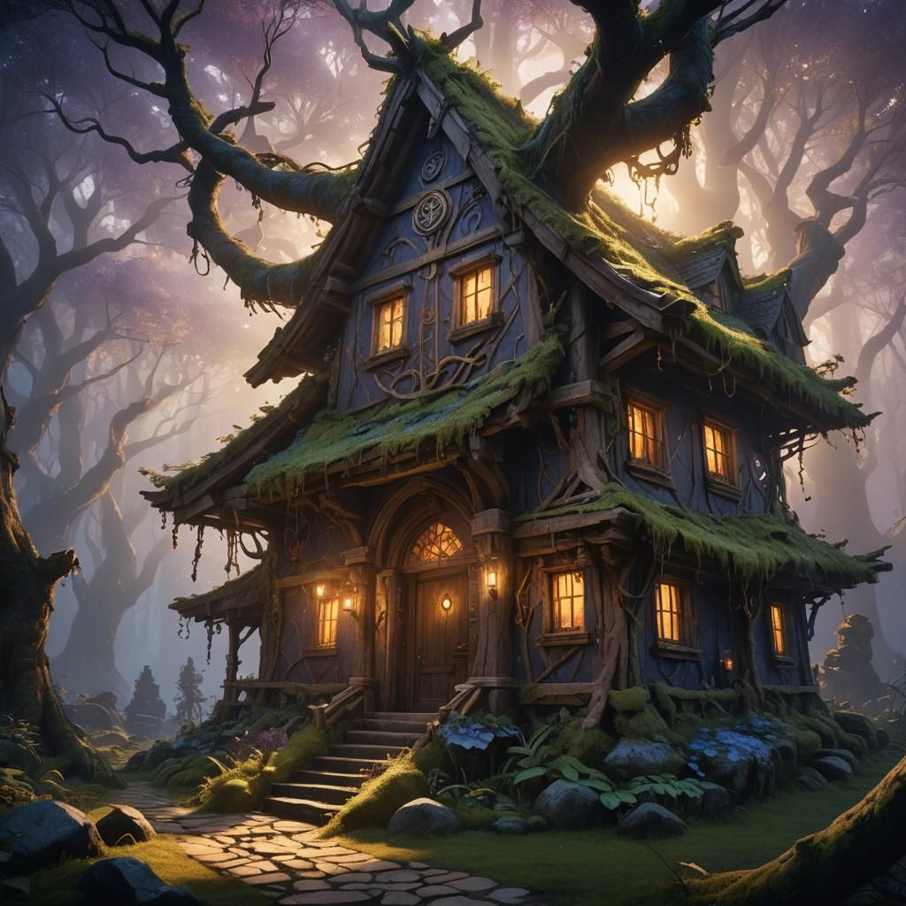 Mystical Forest House with Glowing Runes