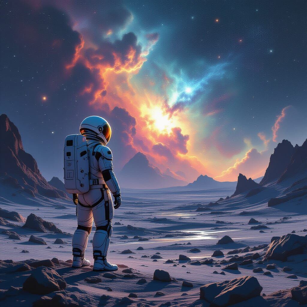 Astronaut on Alien Planet Gazing at Nebula