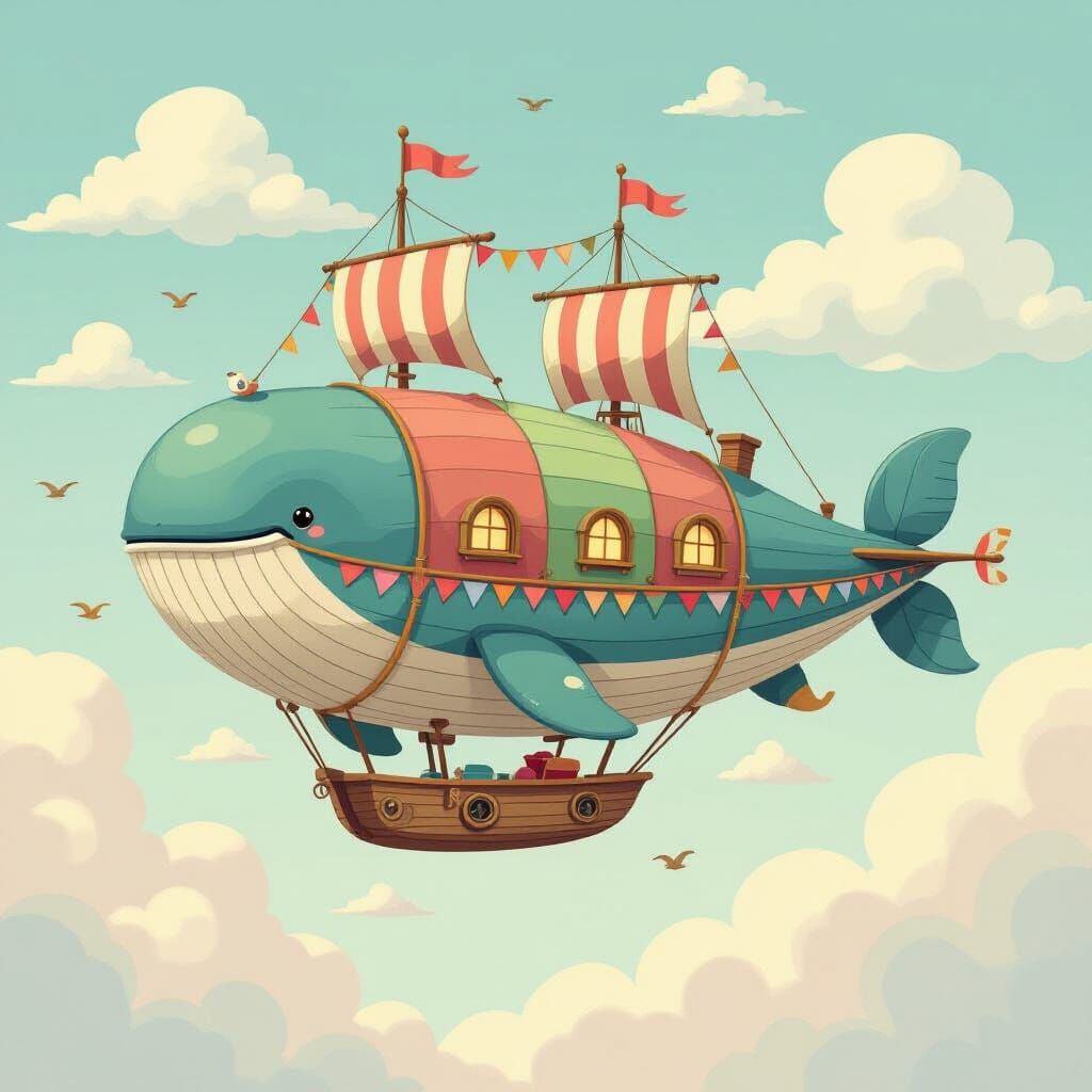 Whimsical Whale Airship in Pastel Sky