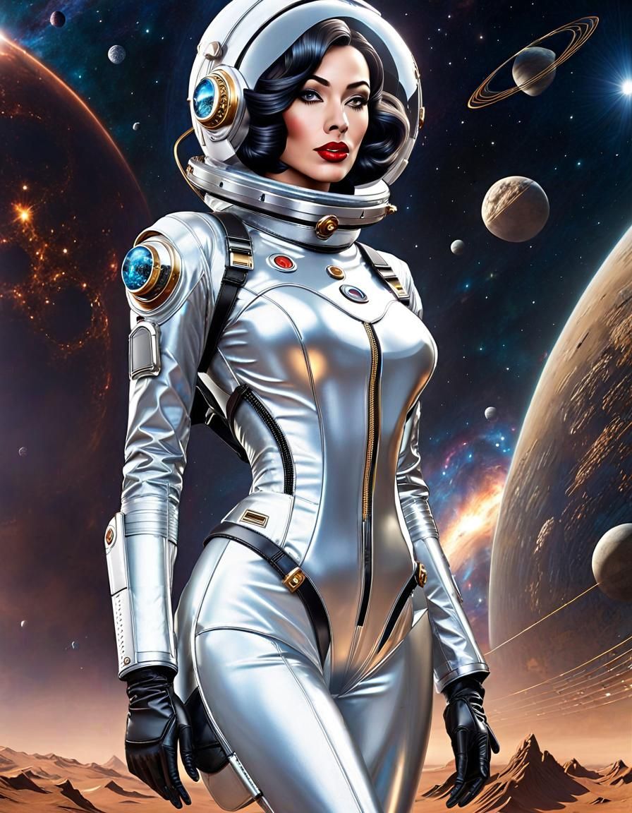 Retro Sci-Fi Pin-Up Girl in Space Art Deco Style