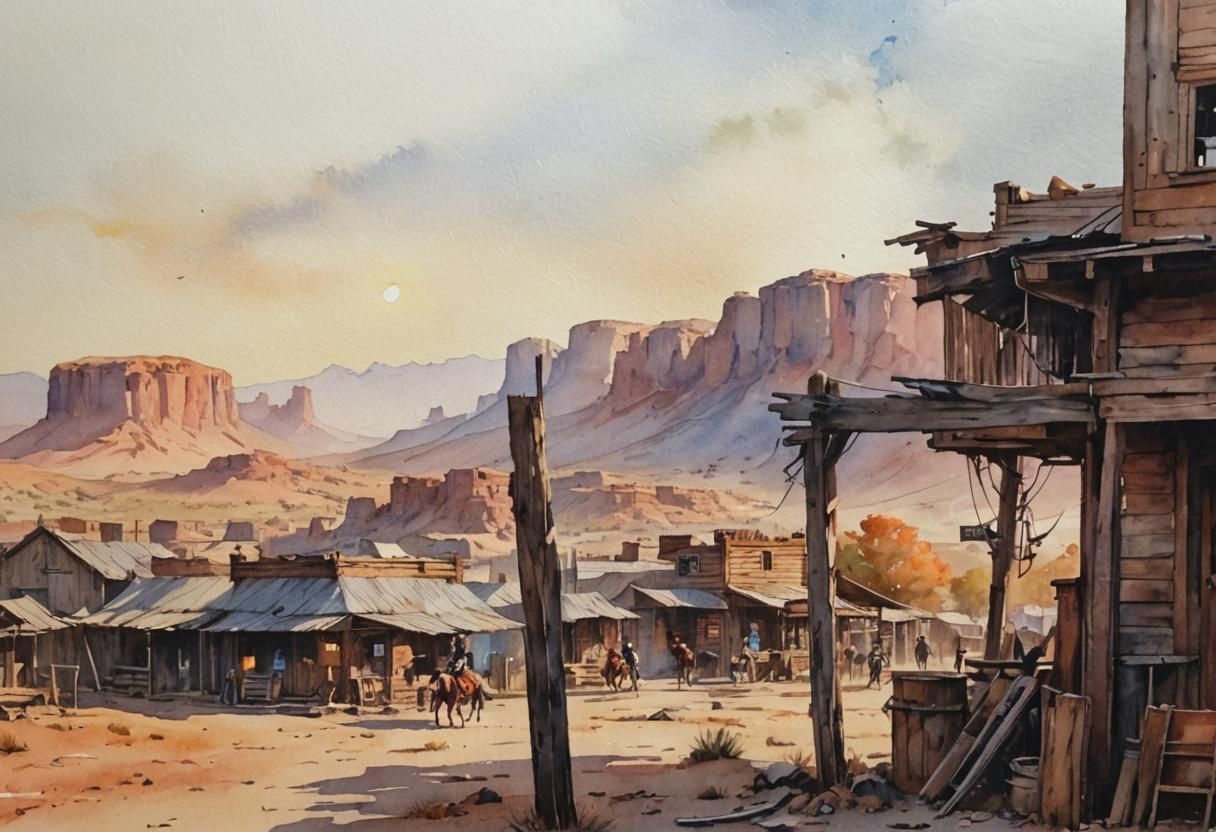 Cowboy Sunset: Wild West Scene in Anime Watercolor