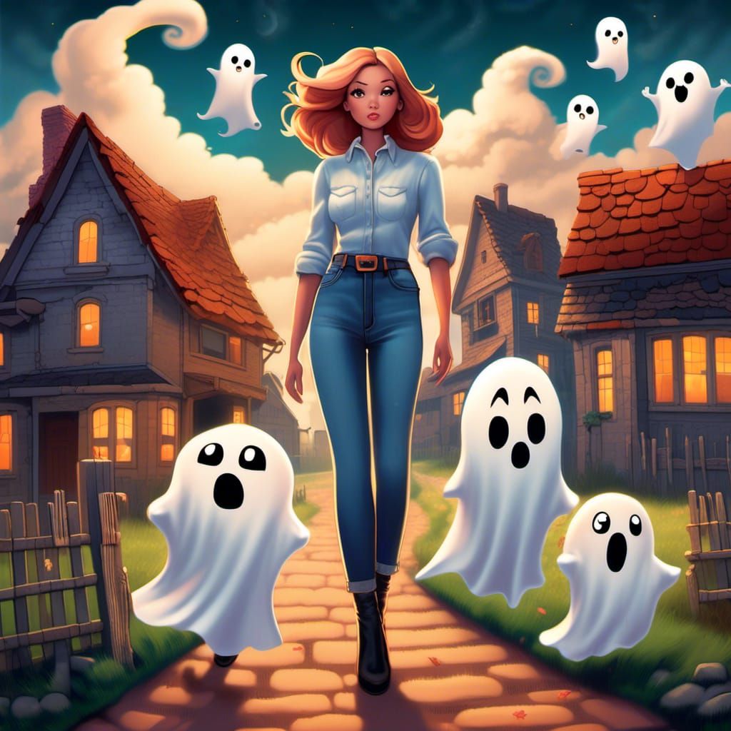 Ghosts Roaming Spooky Village in Chibi Style