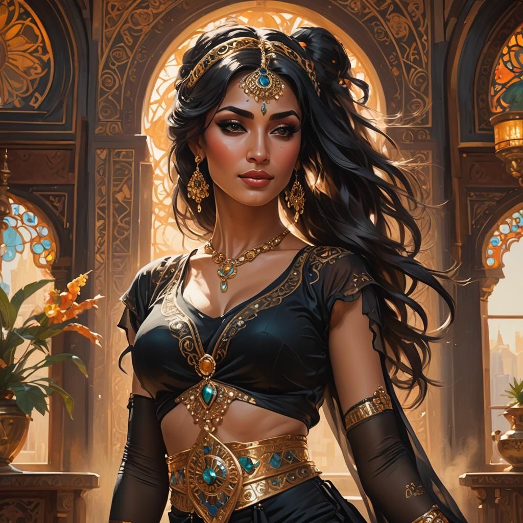 Joyful Belly Dancer in Oil Painting Style
