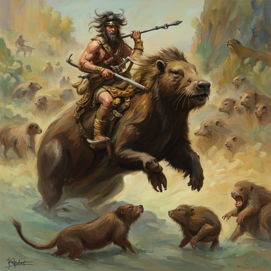 Capybara Warlord Leading Monkey Battle, Impressionistic Styl...