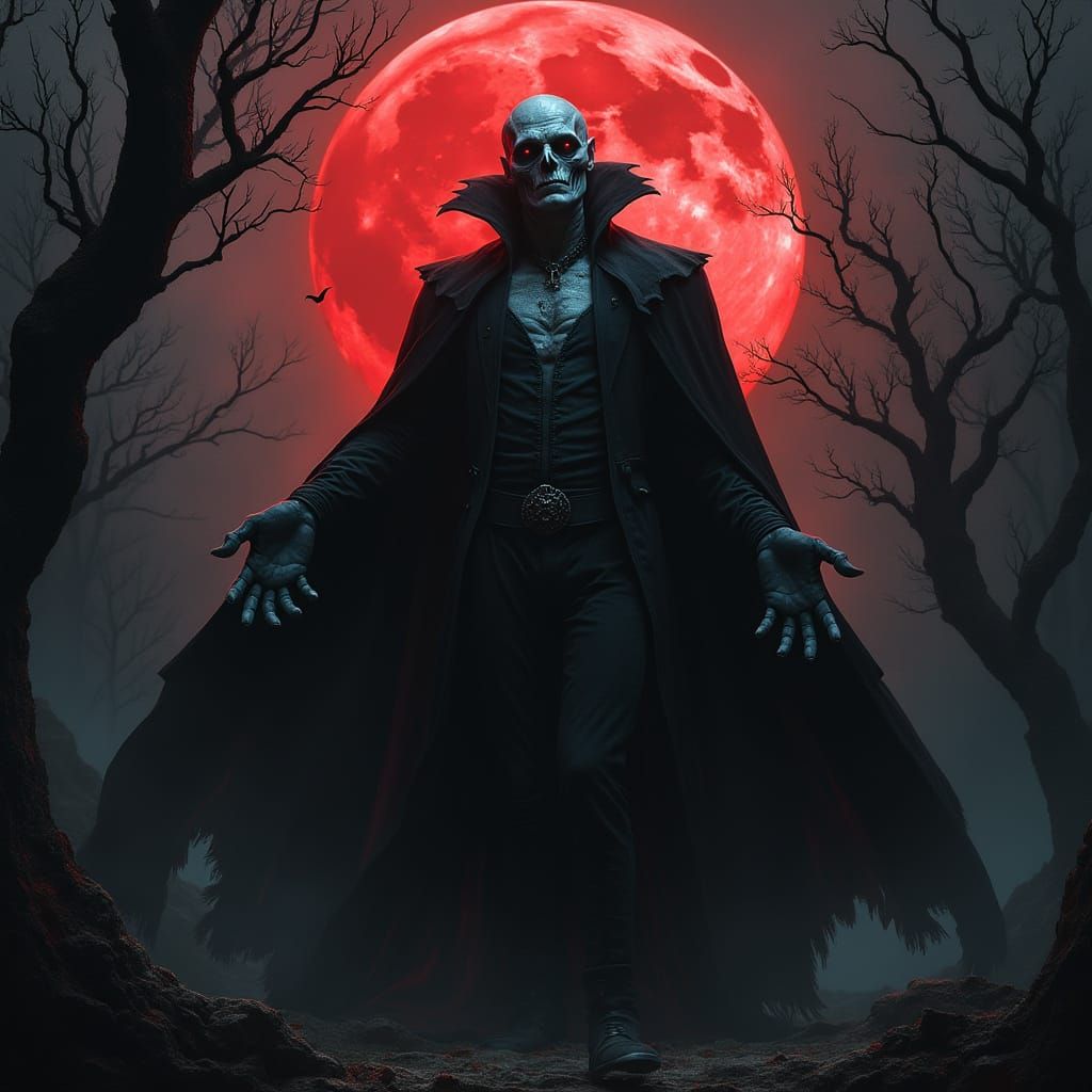 Menacing Dracula Castle Under Blood-Red Moon