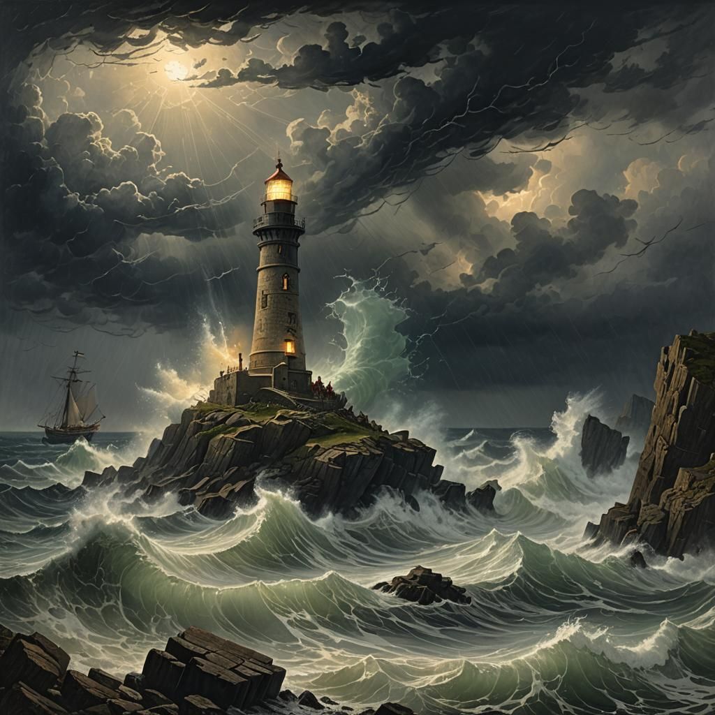 Stormy Sea Lighthouse Scene in Engraving Style