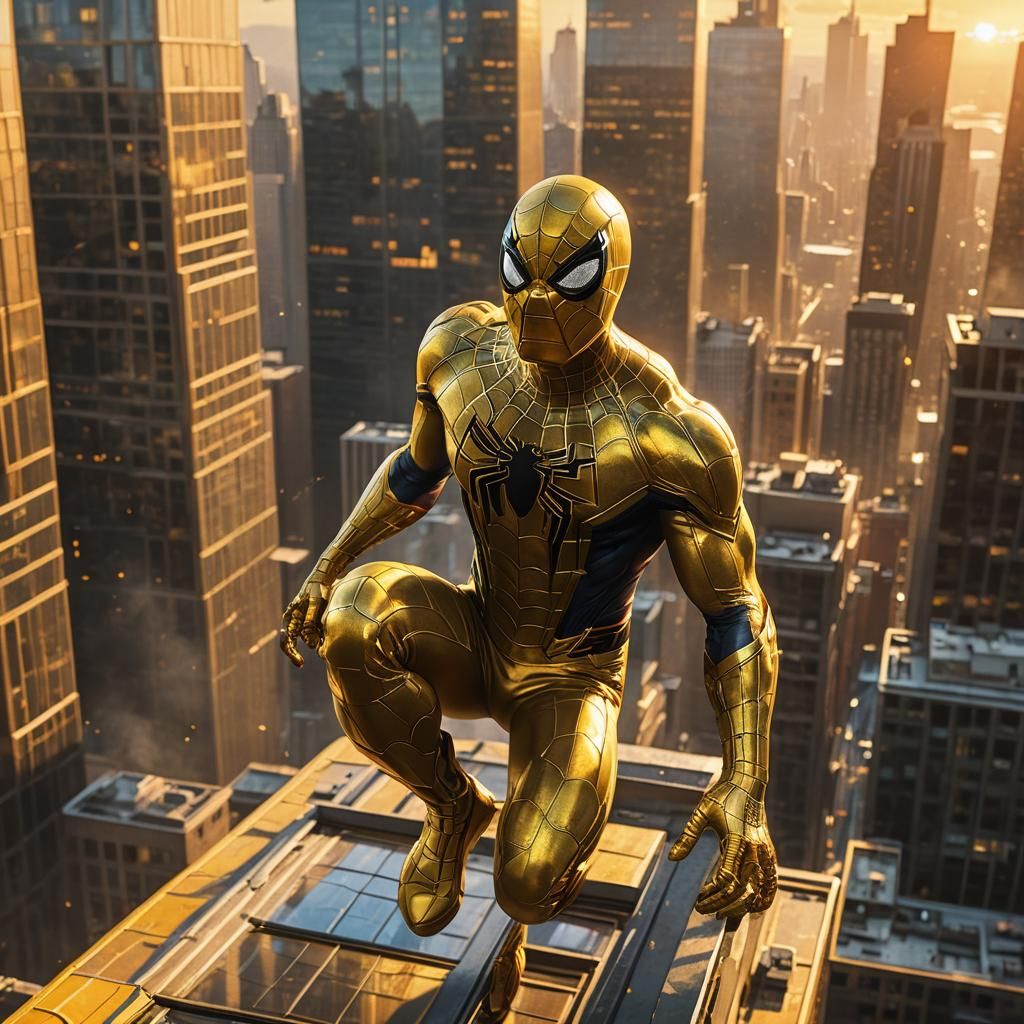 Yellow Spider-Man on Skyscraper in Marvel Style