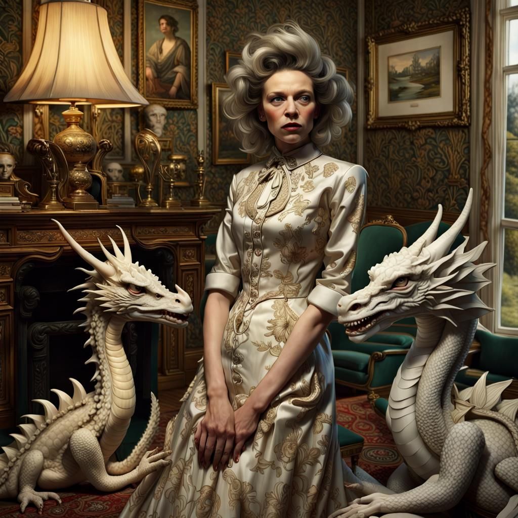 Young Woman with Dragons in a Magical Realism Style