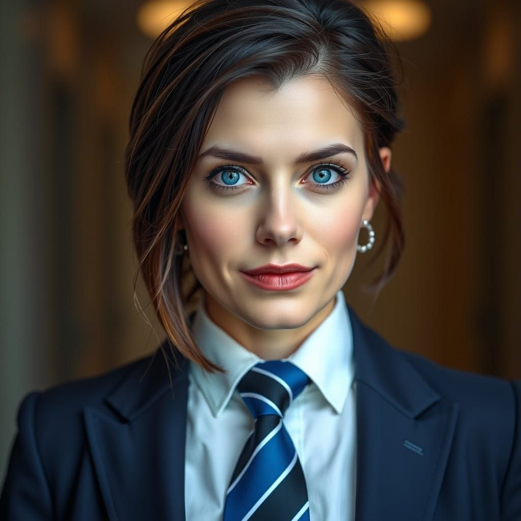 Professional Woman in British Business Suit with Bold Tie