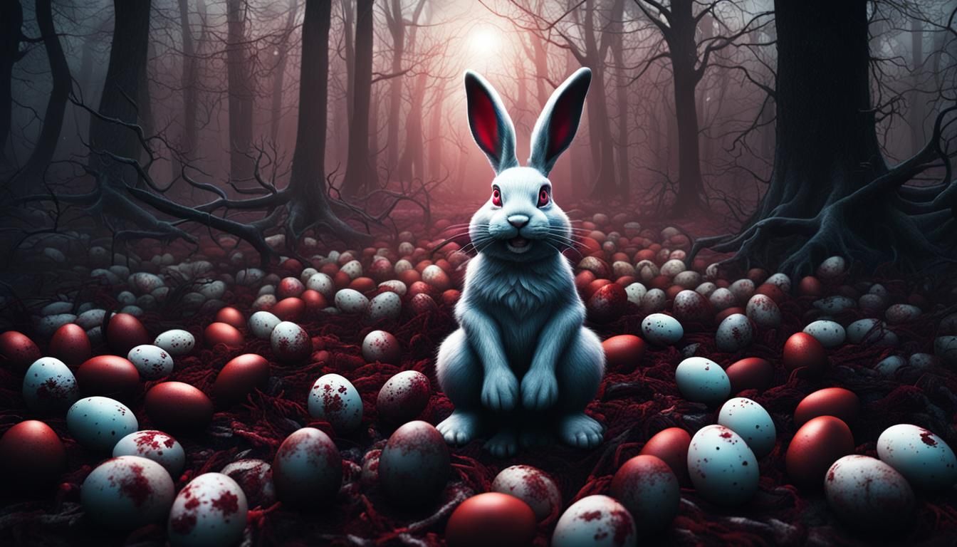 Creepy Easter Bunny in Ominous Dark Forest