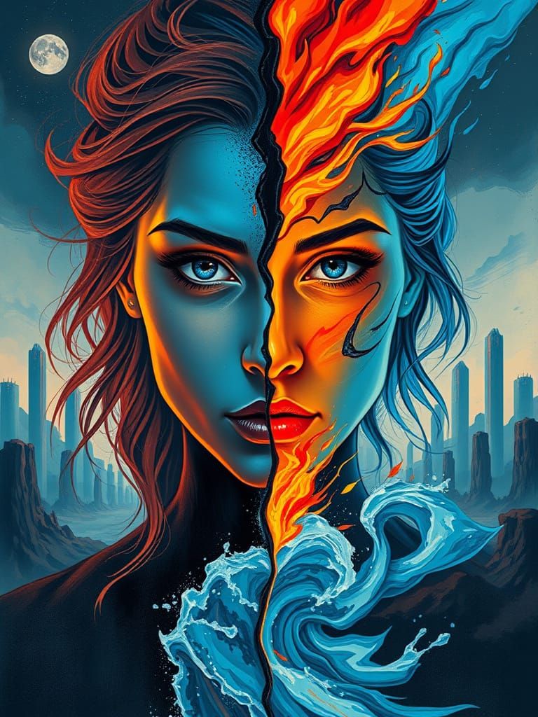 A woman portrait split between good and evil