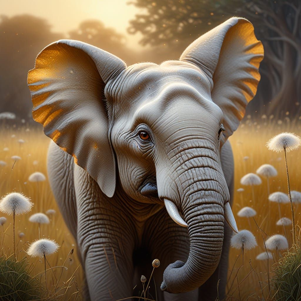 Whimsical Oil Painting of a Chubby Elephant Bunny in a Golde...