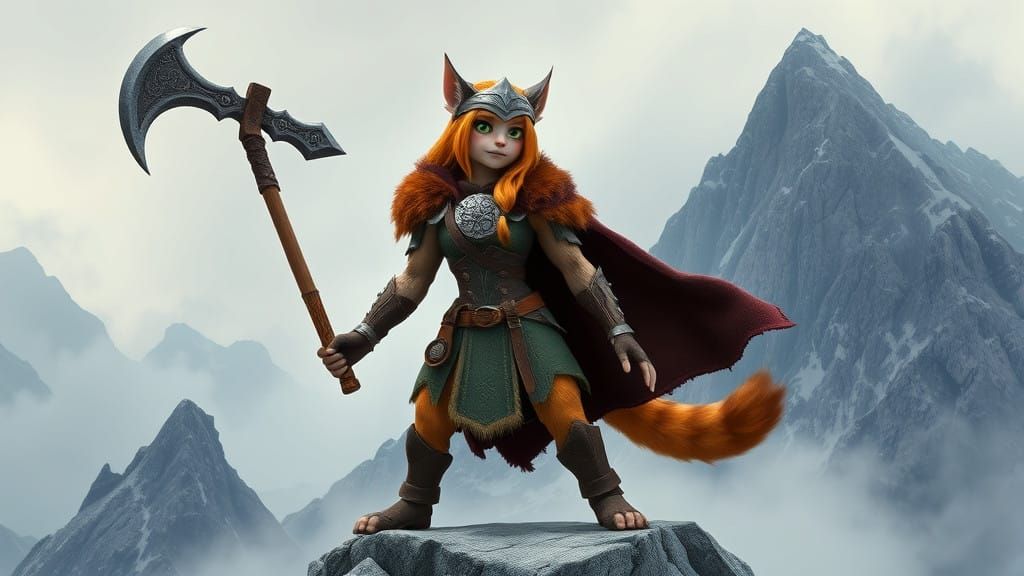 Fierce Tabby Viking Warrior Rises from Nordic Peaks