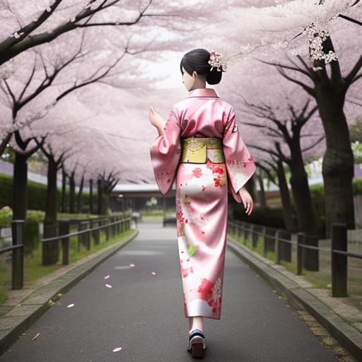 Kimono Beauty Walking Under Cherry Blossoms