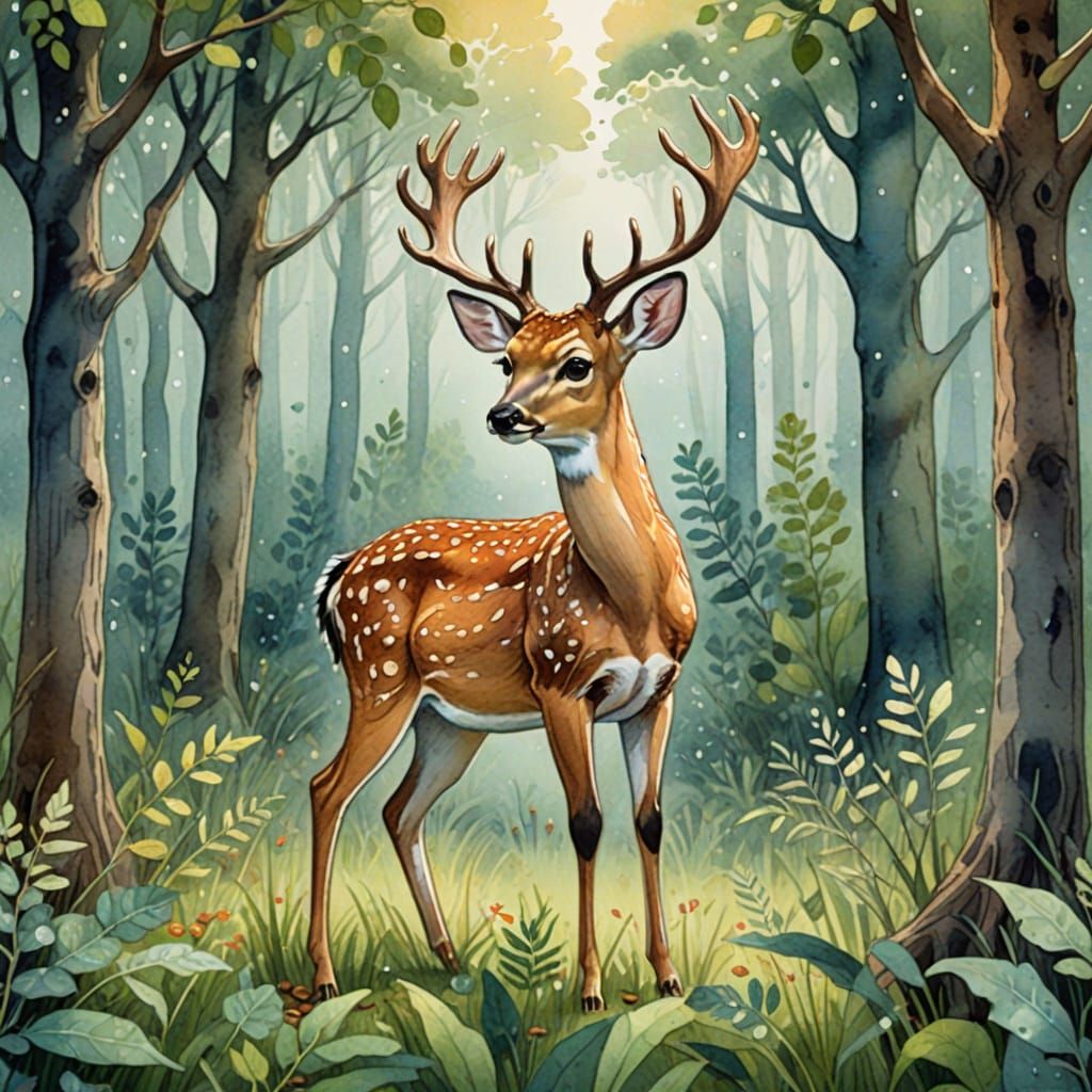 Adorable Chital Deer in Whimsical Forest Illustration