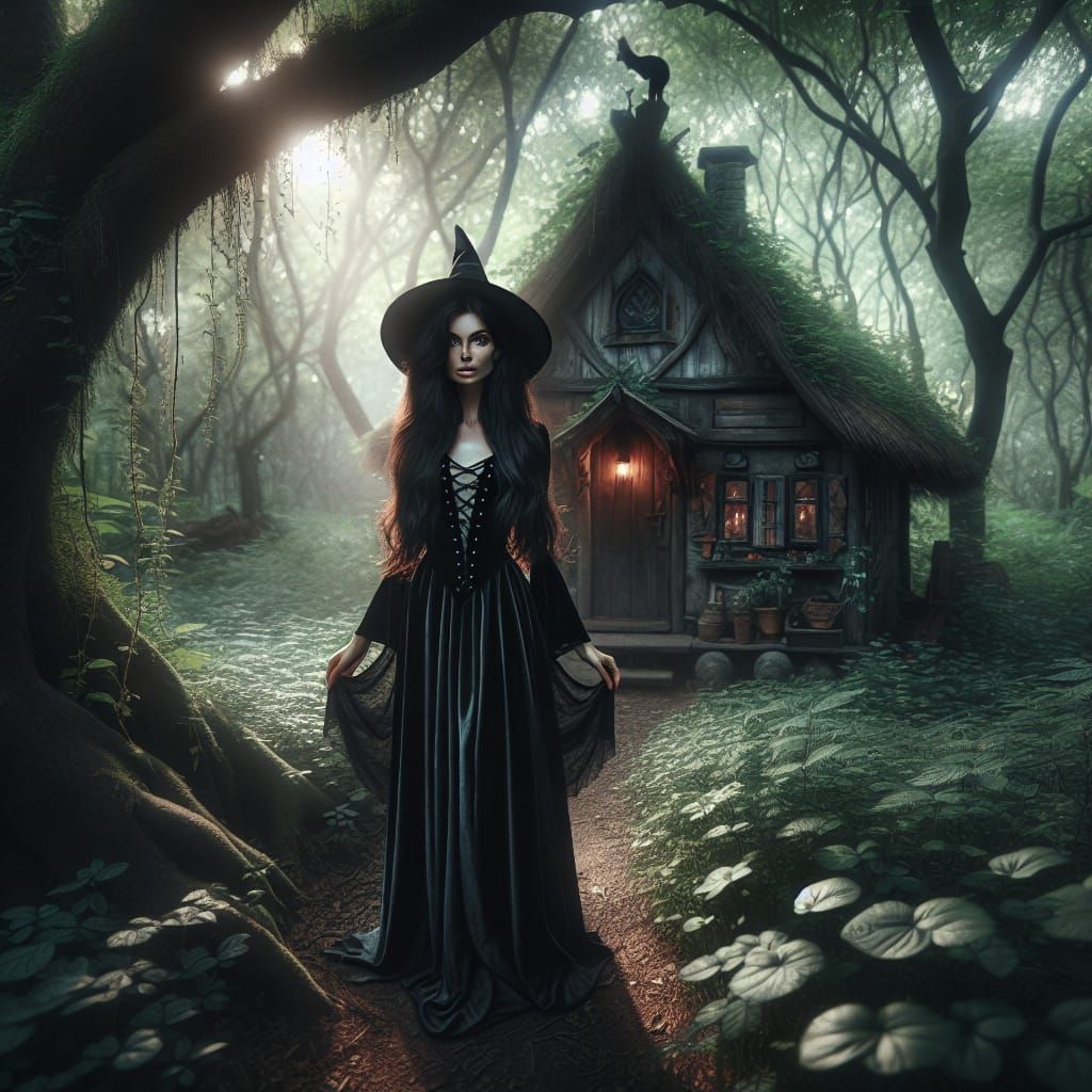 Enchanting Witch in Forest with Quaint House