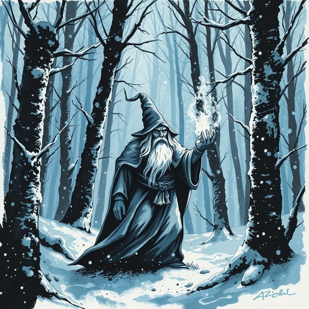 Winter Wizard Freezes Forest in Ink Splatter Style