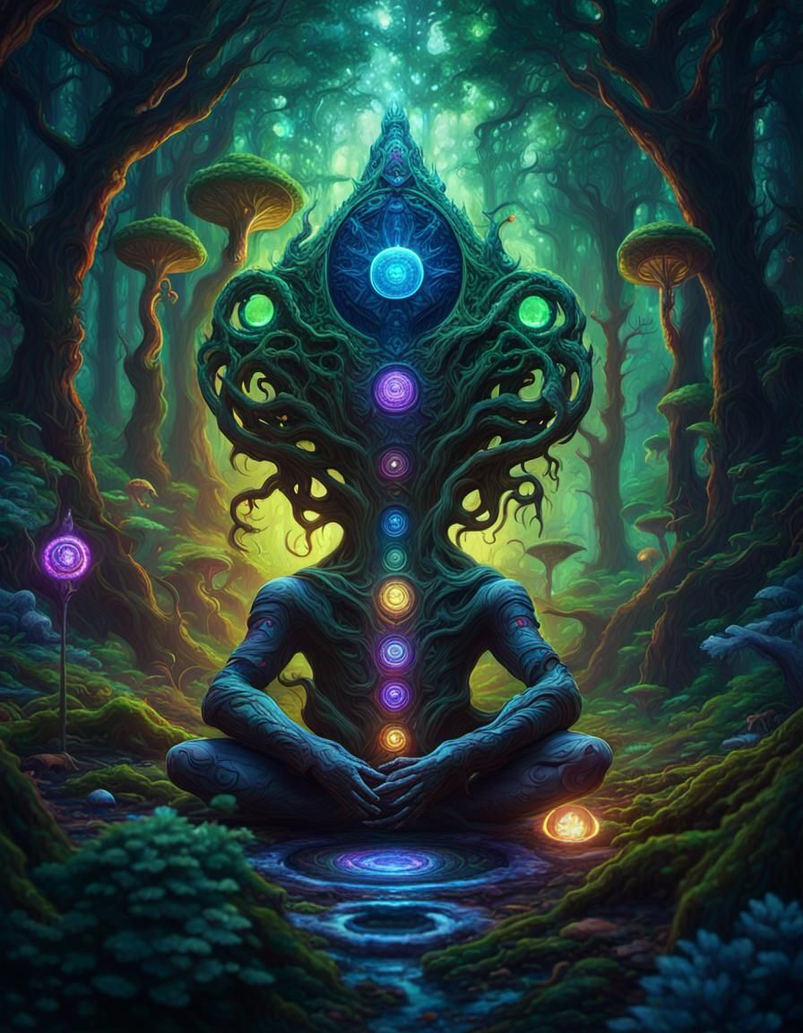 A psychedelic chakra in the centre in the middle of an alien...