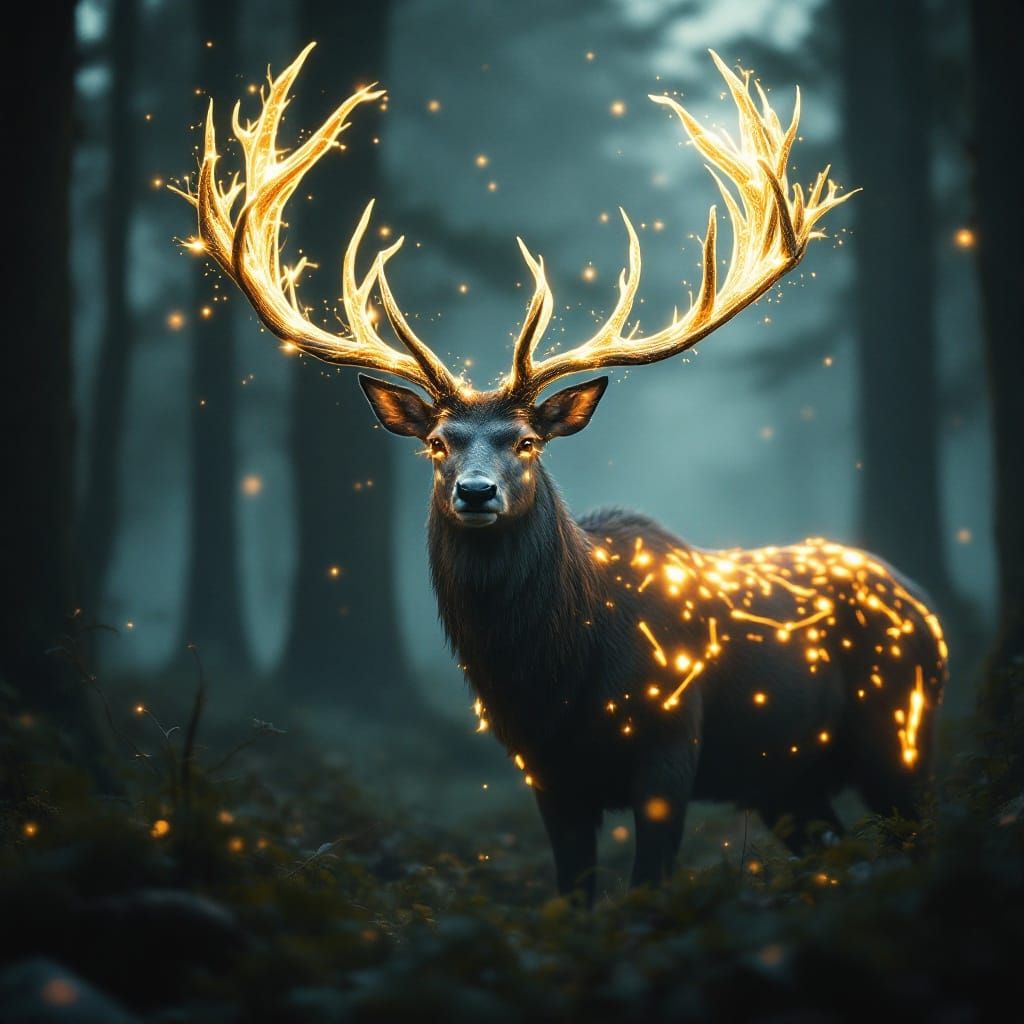 Ethereal Deer with Golden Hologram Antlers in Misty Forest