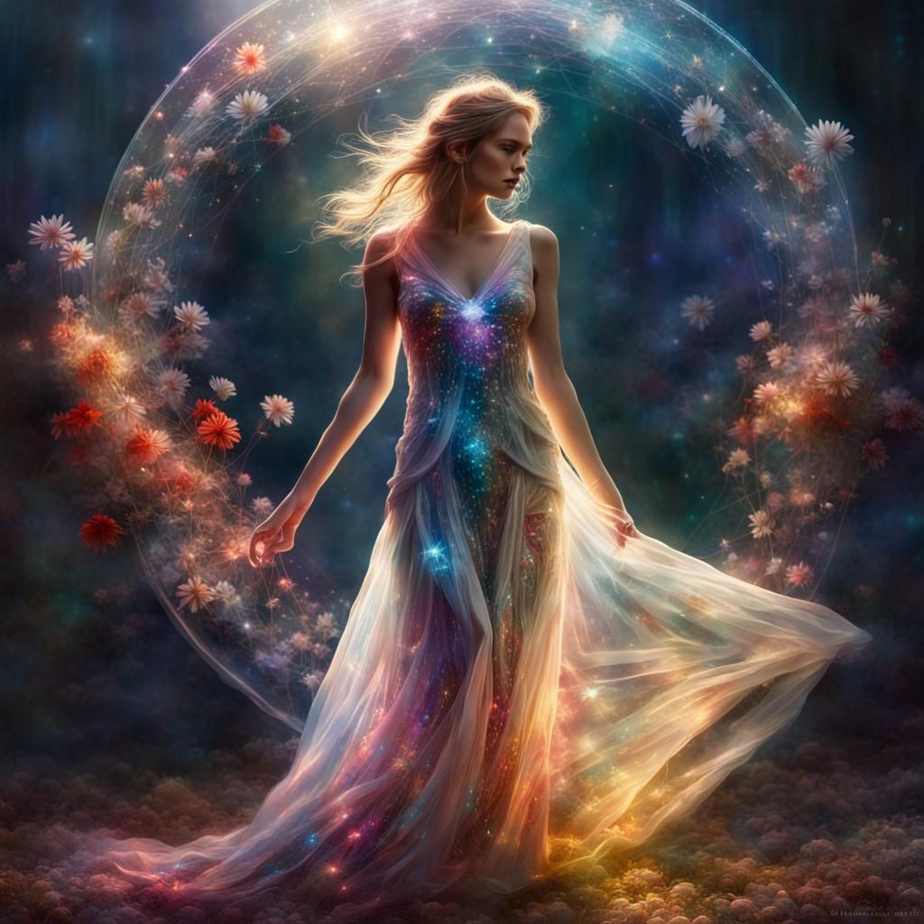 Woman in Jeweled Dress with Sunlight and Flowers