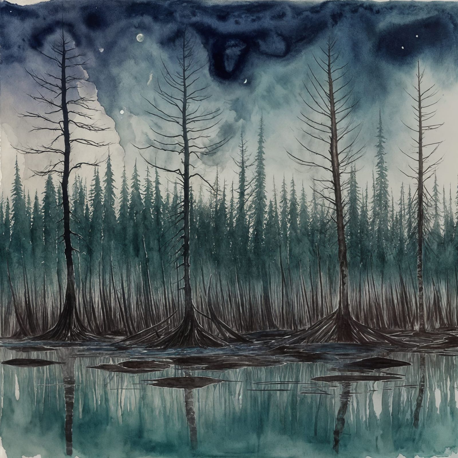 Tormented Wraith in Flooded Forest, Watercolor Resist