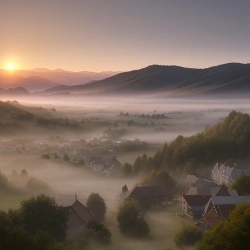 Foggy Sunrise Over Realistic Valley Town