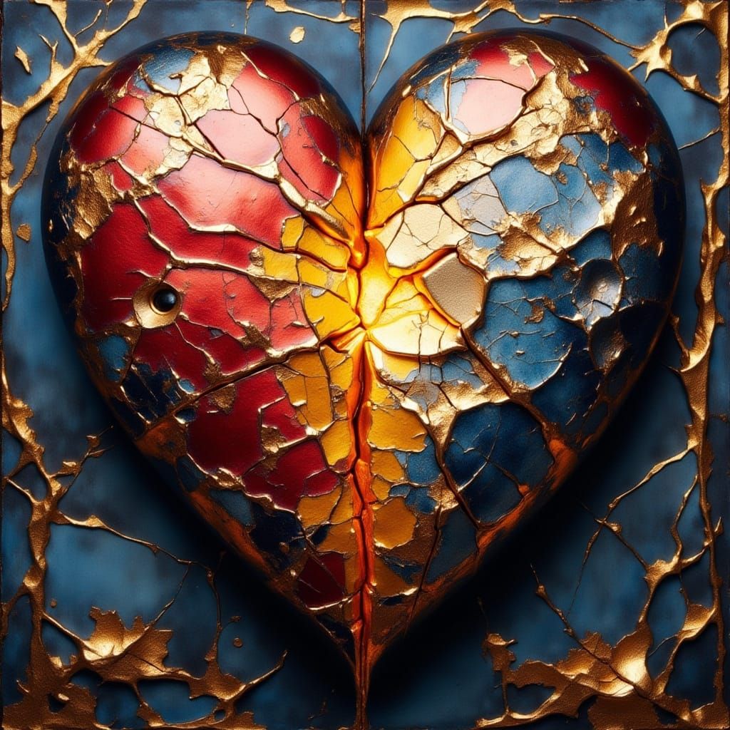 Kintsugi Heart Repaired with Glowing Gold Seams