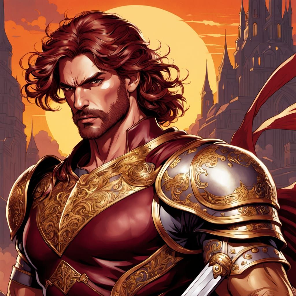Muscular Warrior in Golden Armor Against Fiery Sunset