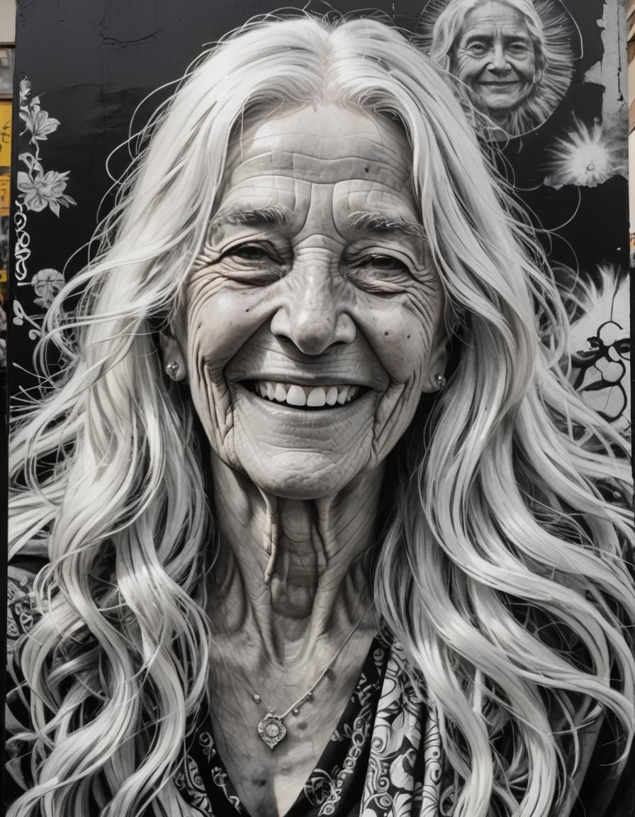 Hyperrealistic Black and White Portrait of Smiling Woman