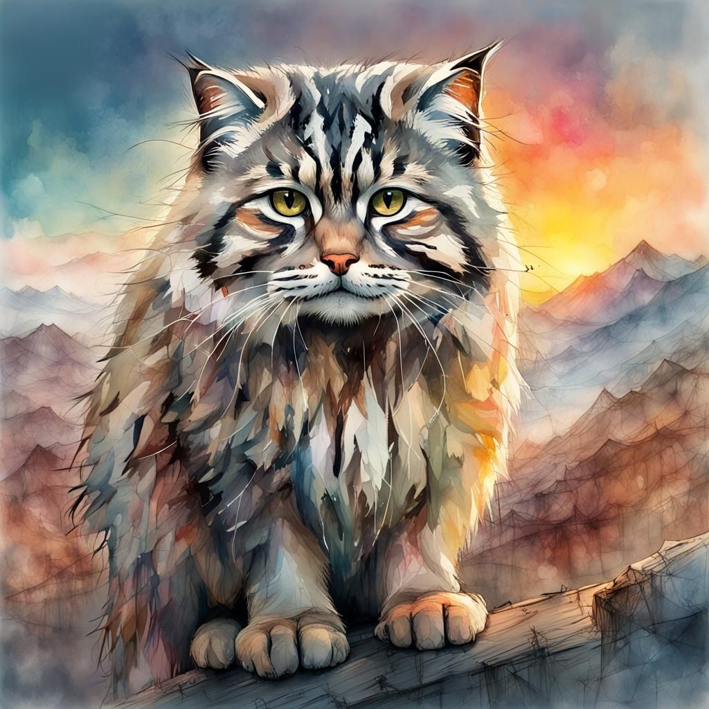 Pallas Cat in Watercolor Fantasy Landscape