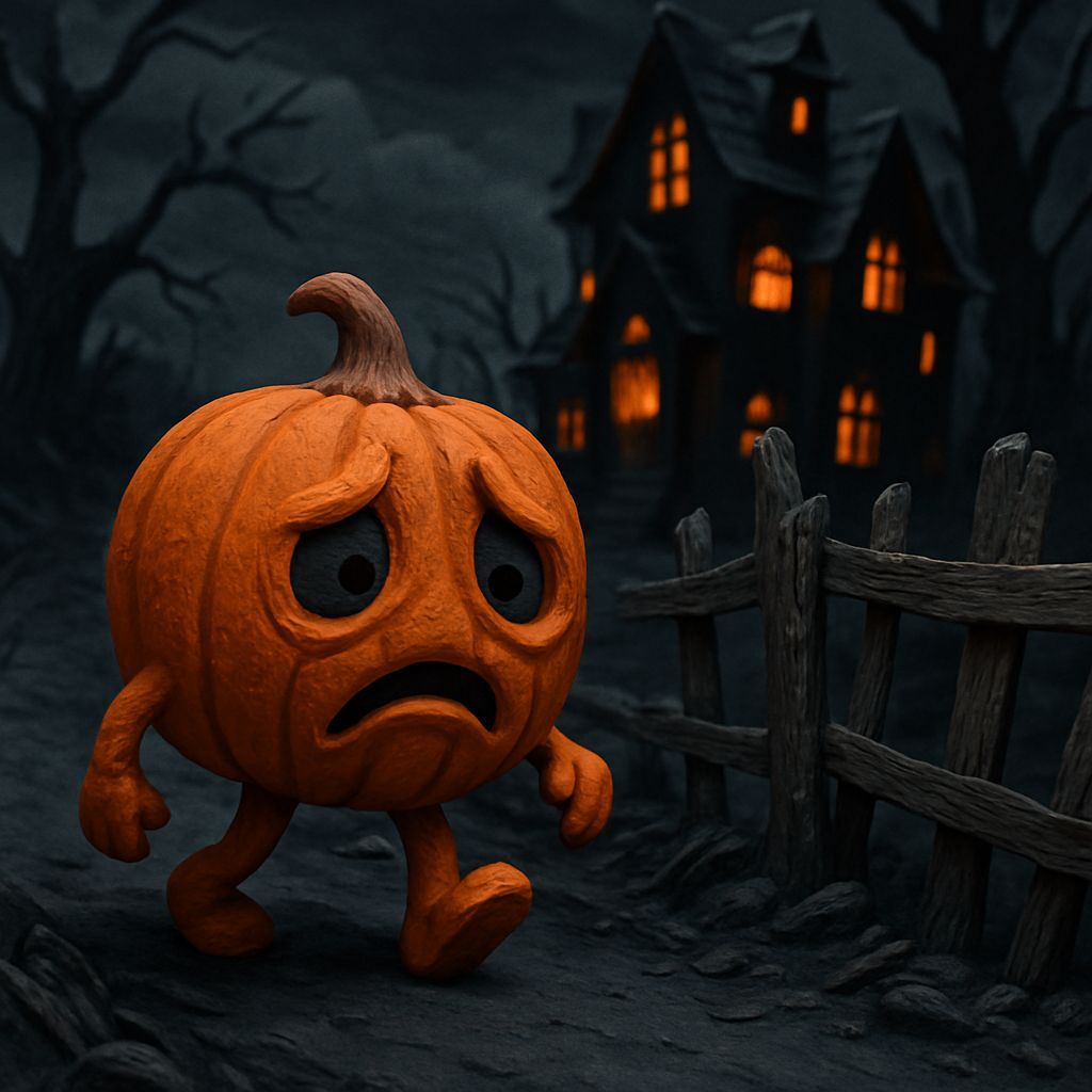 Scared Clay Pumpkin Walks a Dark Haunted Path