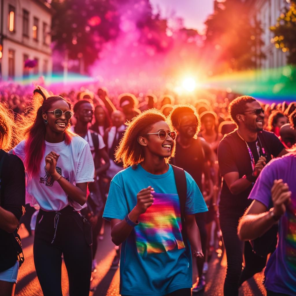 Vibrant Street Parade in Synthwave Sunset