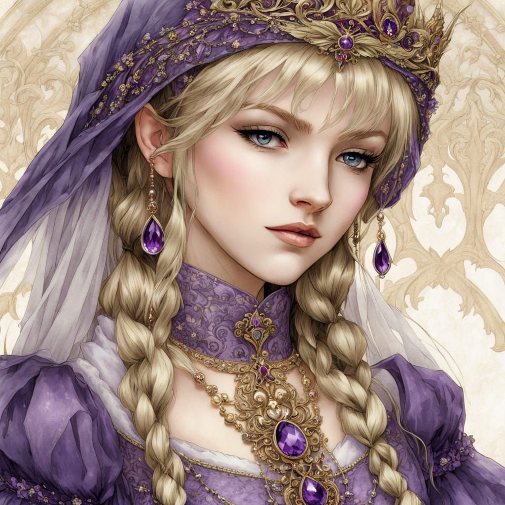 Elegant Medieval Princess in a Lavish Purple Gown