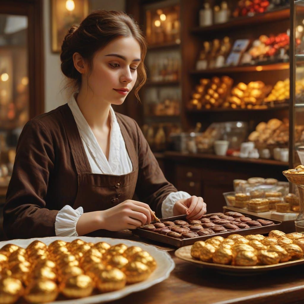 Chocolate Shop Scene in Impressionist Oil Painting Style