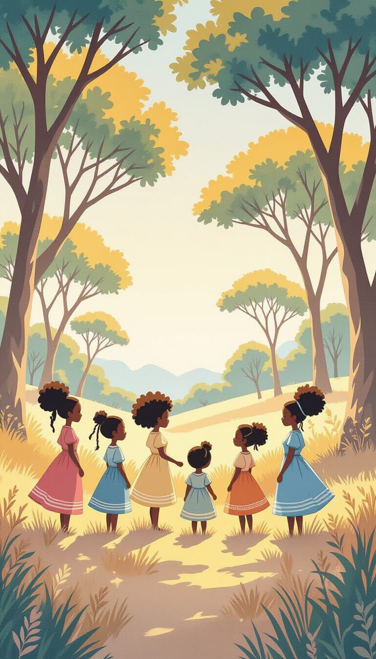 African Maidens Playing in Watercolor Savanna Landscape