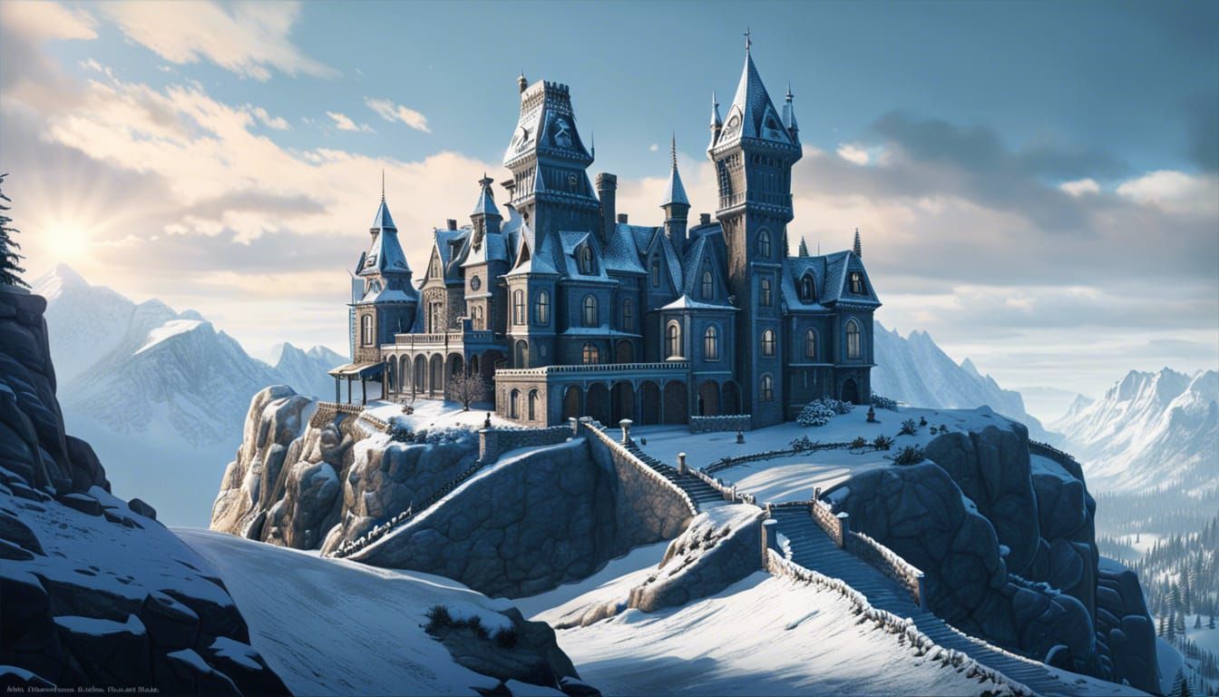 Victorian Snow Castle in Film Noir Style