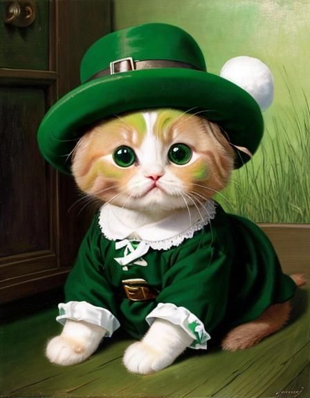 St. Patrick's Day Munchkin Cat in Vermeer Style