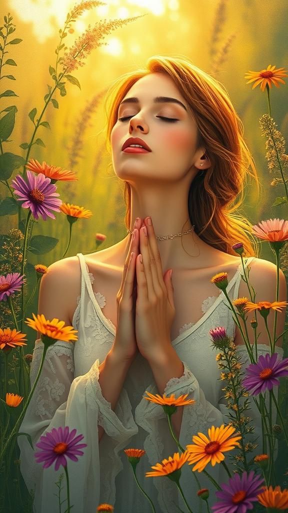 Serene Woman in Golden Light, Expressing Gratitude