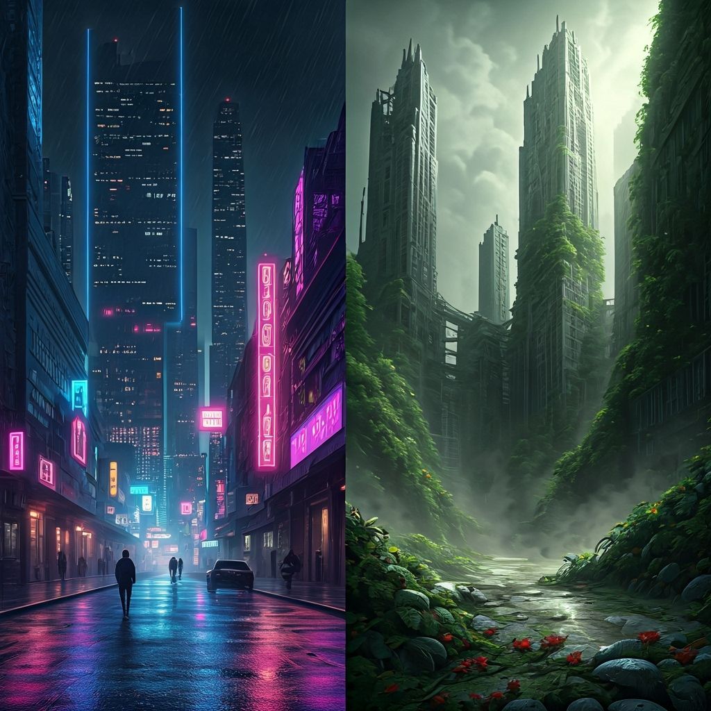 Cyberpunk City Split: Neon Future vs. Apocalyptic Ruins