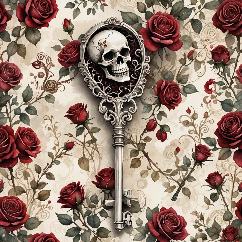 Watercolor Key with Red Roses Illustration