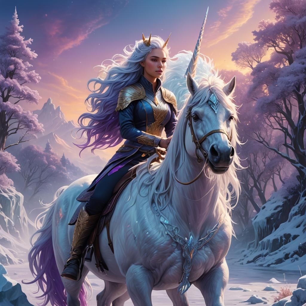 Icy Haired Girl Rides Unicorn in Fantasy Art