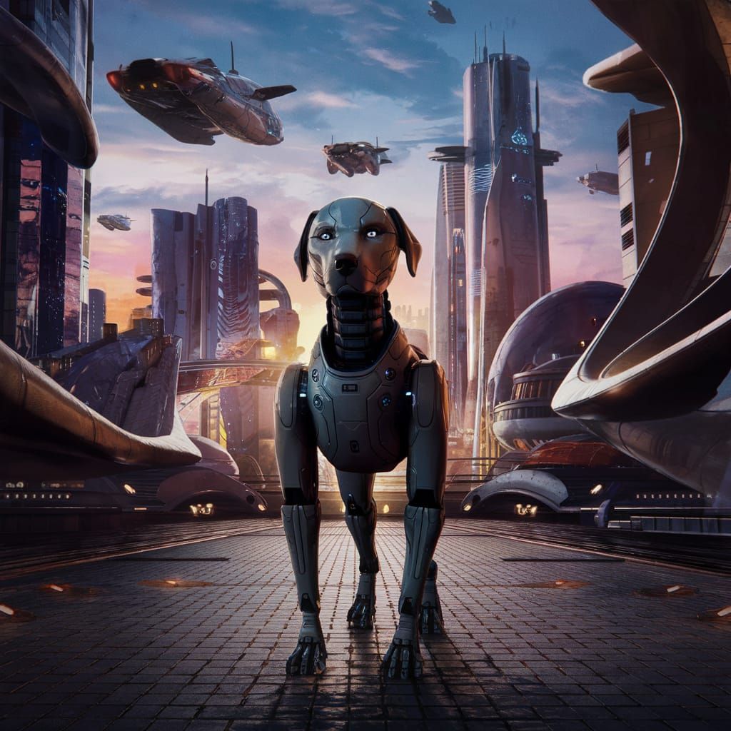 Robotic Dog Detective Movie Poster in Futuristic City