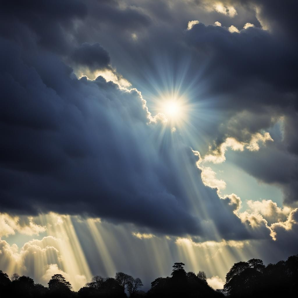 Heavenly Sunshine Beams Through Ominous Storm Clouds
