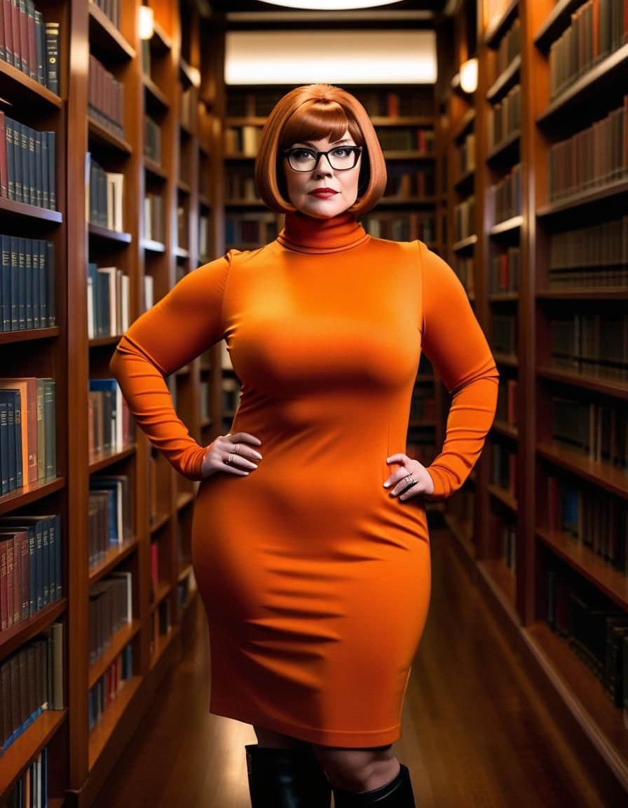 Velma Dinkley Portrait in Library, Ultrarealistic Canon Lens